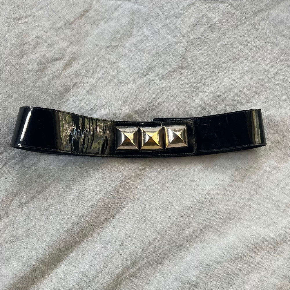 CC SKYE Silver Plated Black Patent Leather Studded Belt